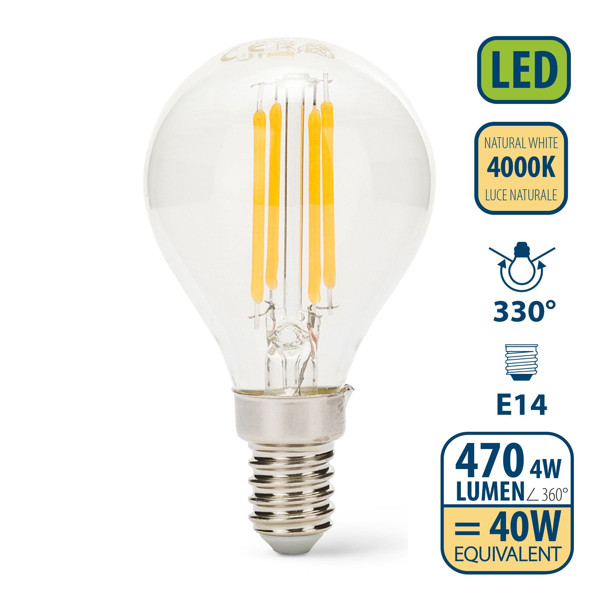 Ampoule à filament LED, sphère P45, 4W / 470lm, culot E14, 4000K