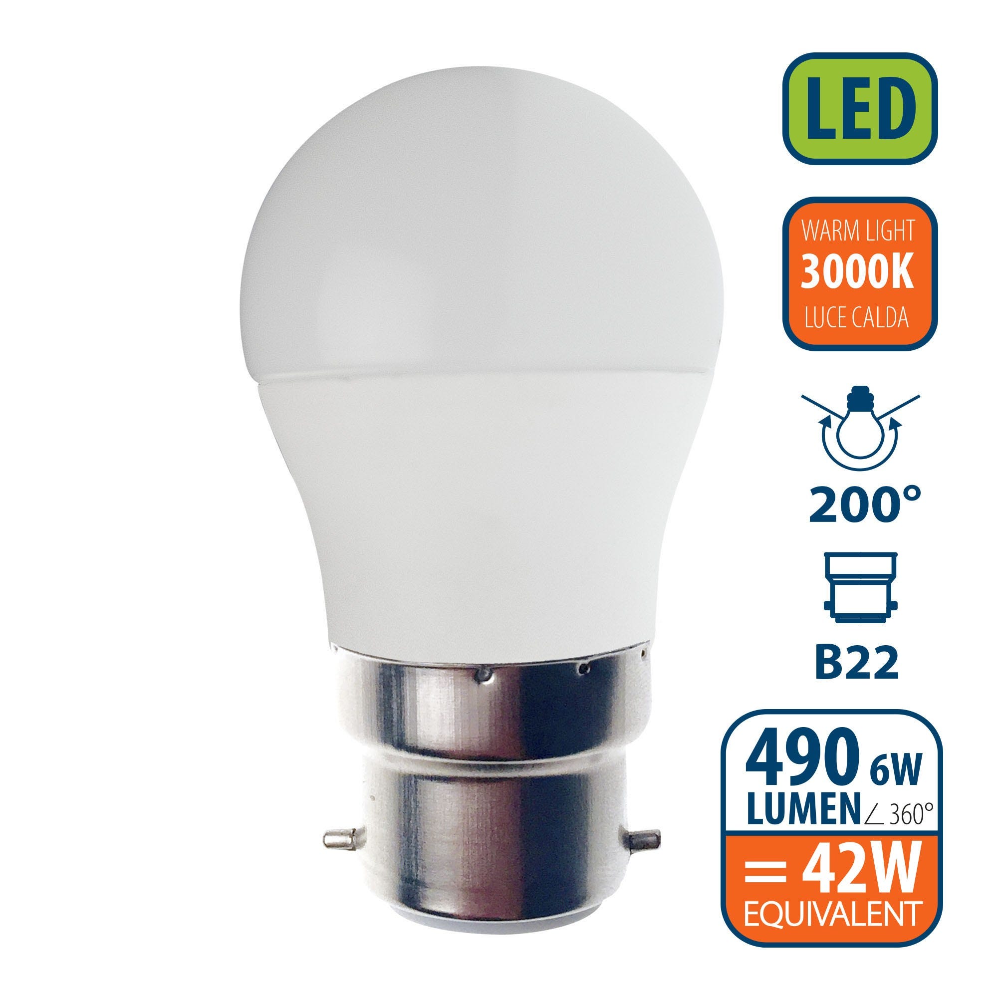 Ampoule LED SMD, Sphère P45, 6W / 490lm, culot B22 (France), 3000K