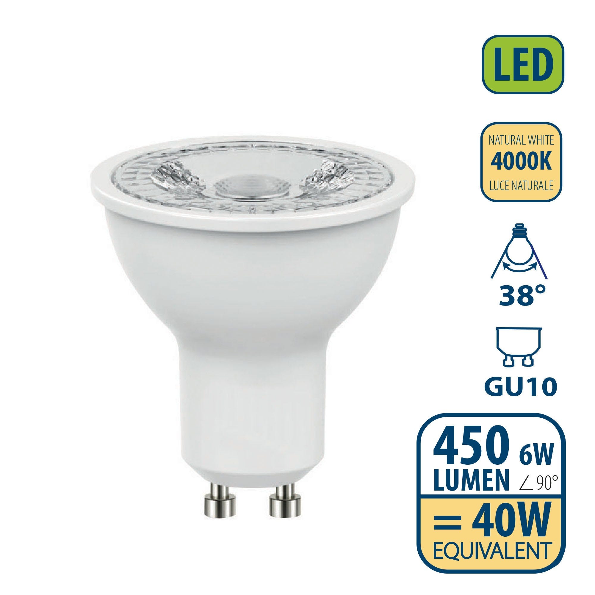 Lampadina SMD LED, Spot attacco GU10, 230V, 6W/450lm, 4000K, 38°