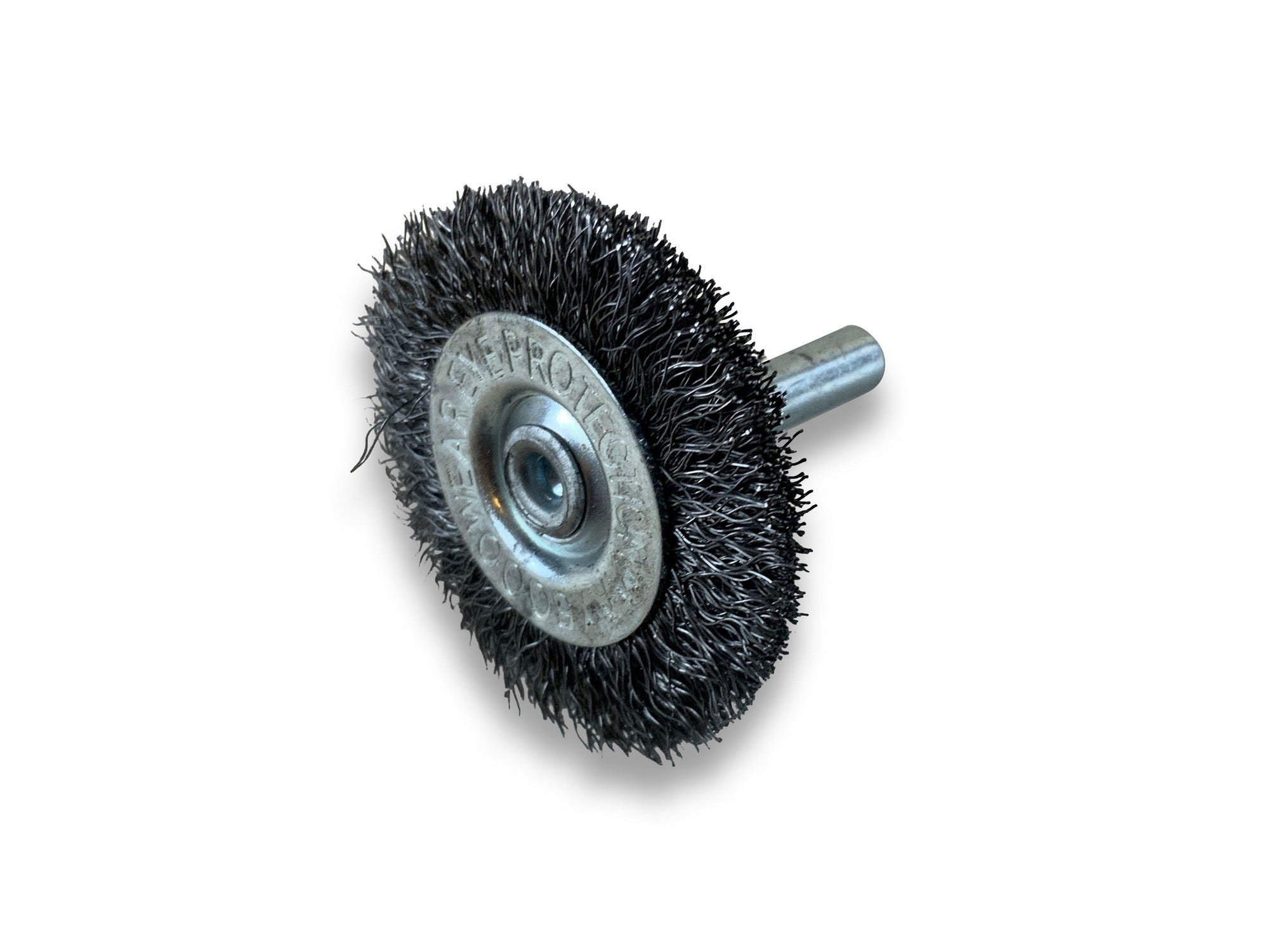Brosse rotative circulaire métallique sur tige Ø 38 mm, Fil acier souple Ø  0,20 mm, Epaisseur 8 mm, 1 rang, Pour perceuse ou visseuse à mandrin