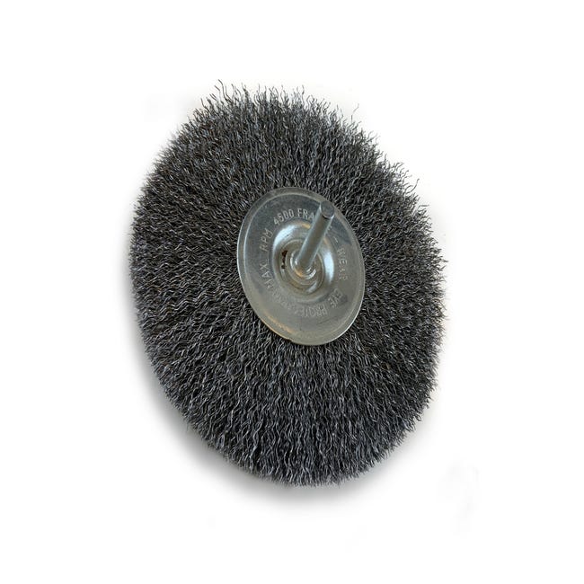 Brosse rotative circulaire métallique sur tige Ø 50 mm, Fil inox dur Ø  0,30 mm, Epaisseur 18 mm, 3 rangs, Pour perceuse ou visseuse à mandrin, K