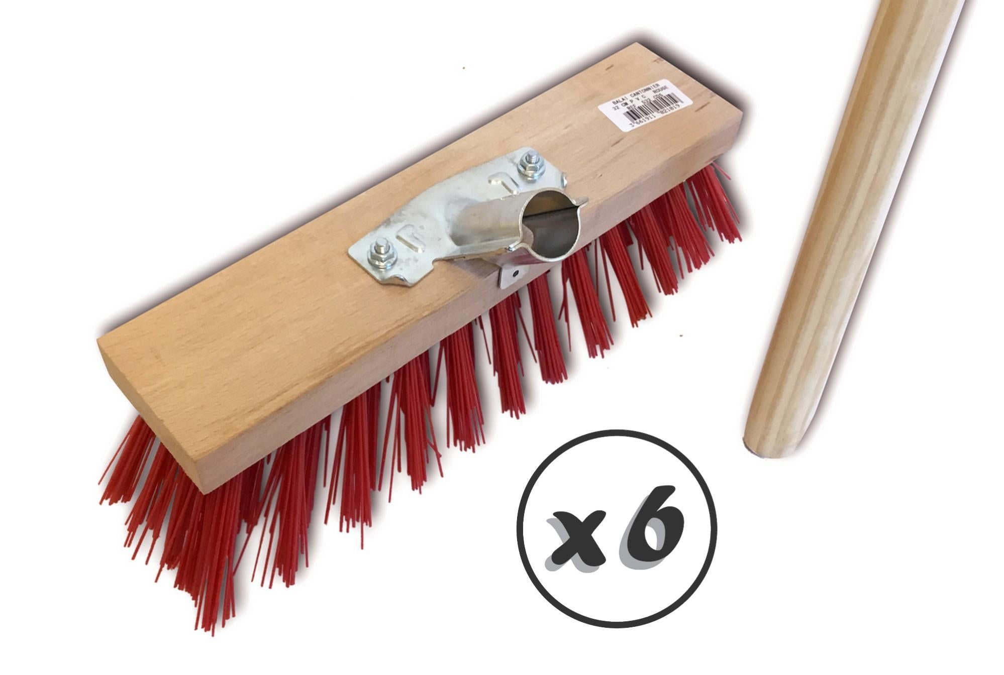 Balai Cantonnier Kibros - Brosse PVC Rouge, Manche Bois 1,4m, Pour Extérieur, Chantier, Garage