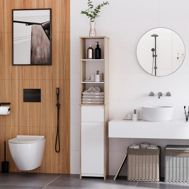 28€ sur Meuble colonne rangement de salle de bain sur pied porte 2 étagères  3 niches aspect bois clair blanc - Achat & prix
