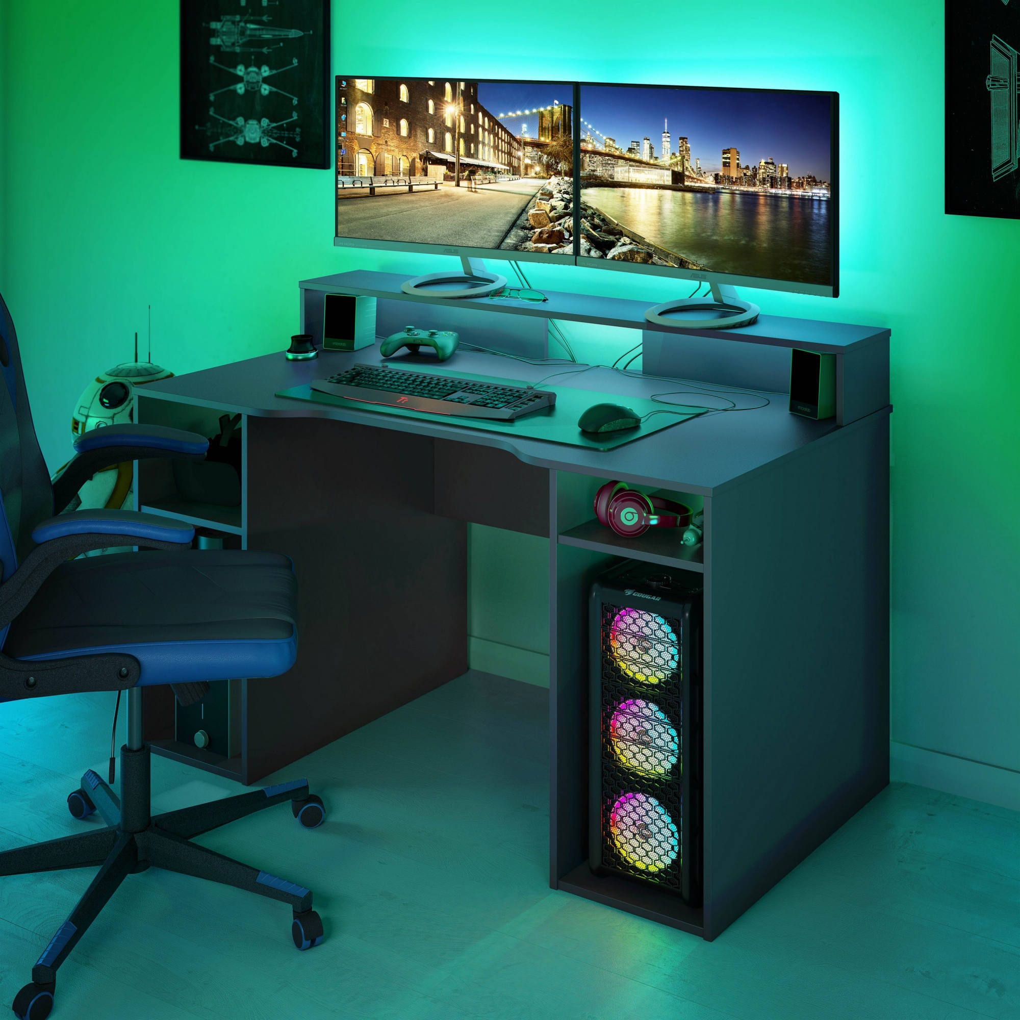 Escritorio Phoenix, Escritorio moderno de Gaming, Mesa de estudio para PC y  porta CD, Mesa de estudio con baldas, 136x67h88 cm, Antracita
