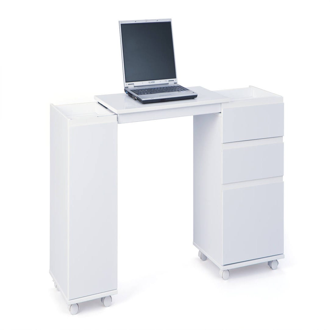 Mesa escritorio extensible, mesa estudio consola, acabado roble/blanco,  medidas: 98,6x86,9x36- 70 cm