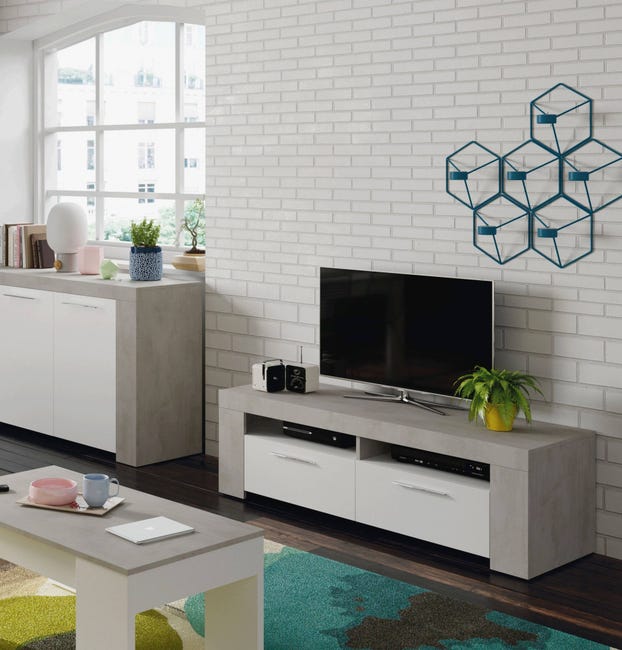 granero estómago combinar Mueble TV para salón con dos puertas batientes y dos pequeños  compartimentos, color cemento con inserciones artik blancas, 120 x 40 x 42  cm. | Leroy Merlin