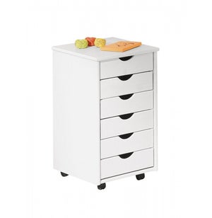 IDIMEX Caisson de bureau LAGOS meuble de rangement sur roulettes avec 5  tiroirs, en pin massif lasuré blanc et rose pas cher 