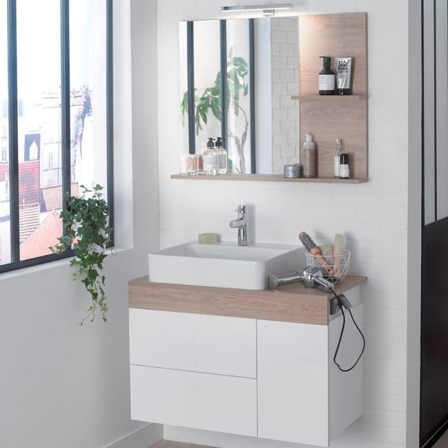 Jacob Delafon Meuble Avec Vasque A Poser Sully 103 X 45 80 Vasque A Droite Blanc Et Chene Quebec Avec Miroir Leroy Merlin