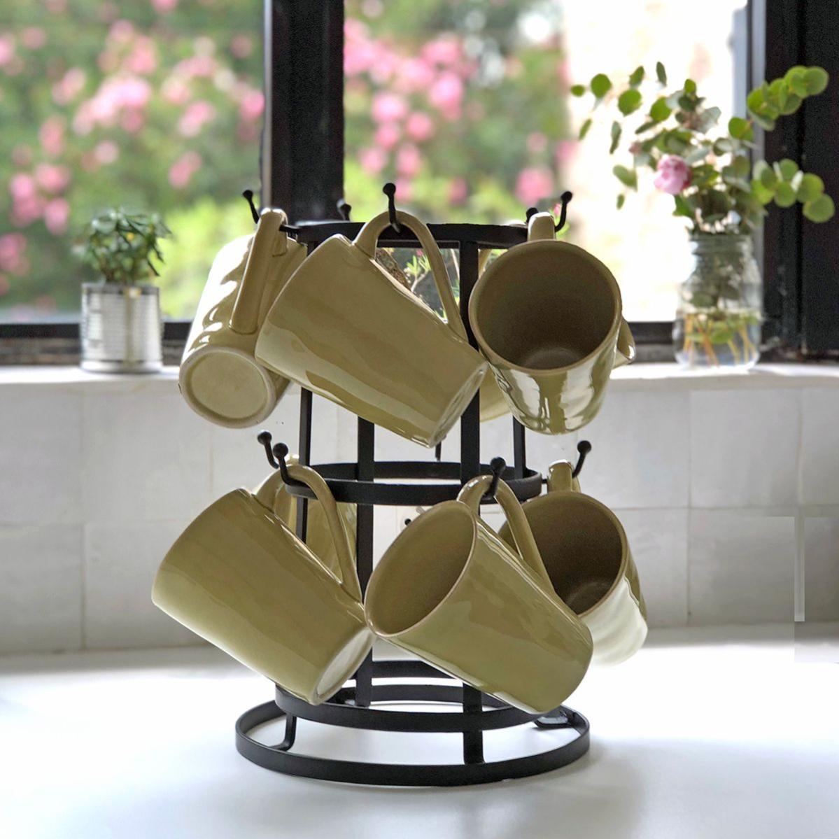 pour mugs de café à poser acier inoxydable Relaxdays porte-tasses cuisine arbre rond avec 6 barreaux argenté