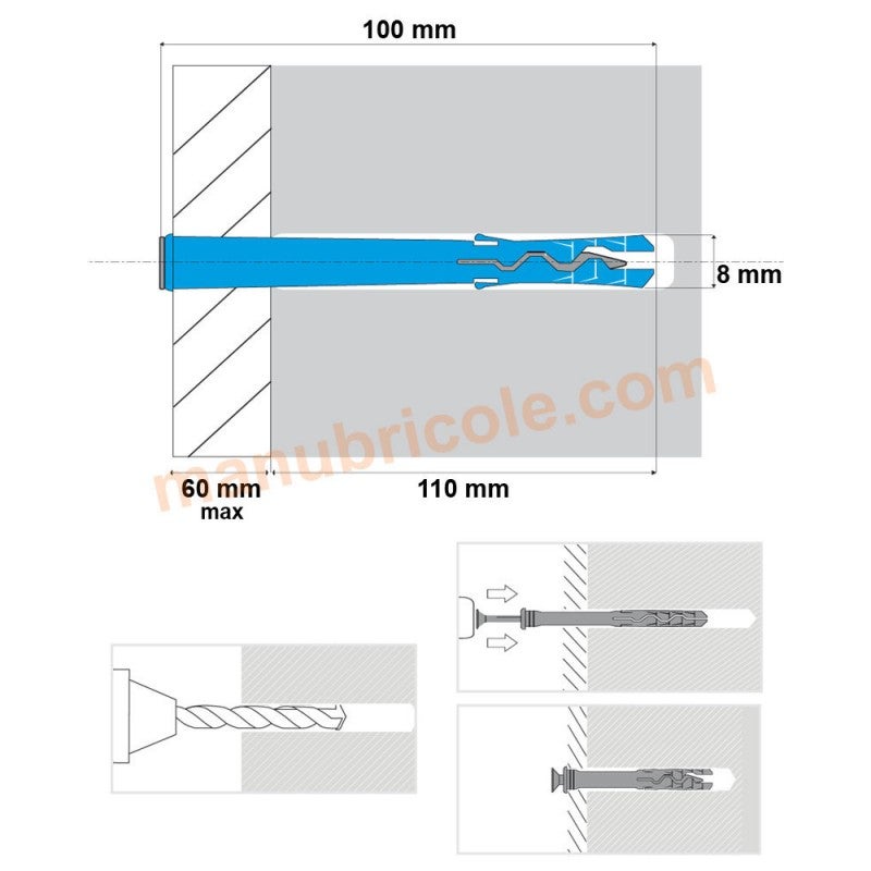 Cheville à Frapper Tête Fraisée Polyamide 8 X 100 Boite De 100