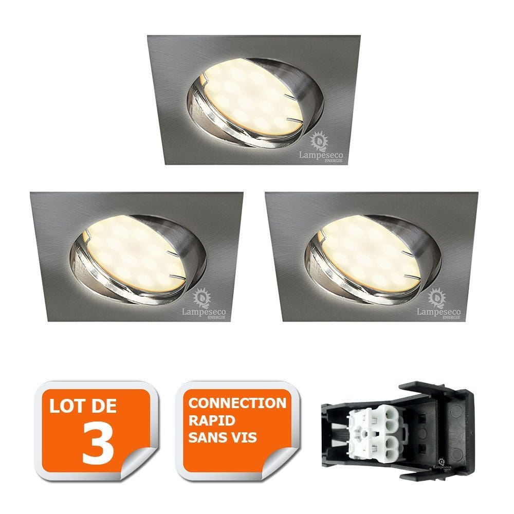 Lot de 3 spot encastrable orientable LED carré alu brossé GU10