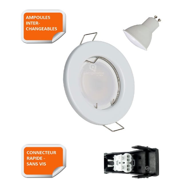 50 Spot LED encastrable complet blanc Fixe avec Ampoule GU10 7W Variable