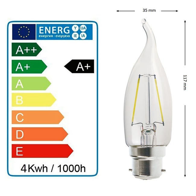 Lot de 5 Ampoules LED Flamme Filament 4w eq. 40W Culot B22 blanc
