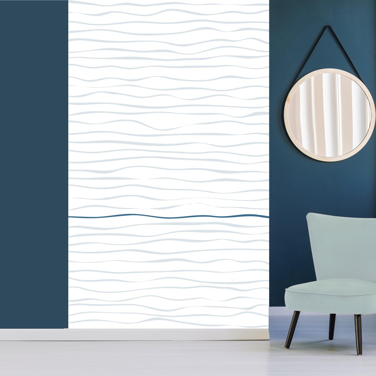 Papel tapiz panorámico no tejido, ondas horizontales de luz ondas de luz con una onda azul oscuro sobre un fondo blanco, 250 cm x 150 cm