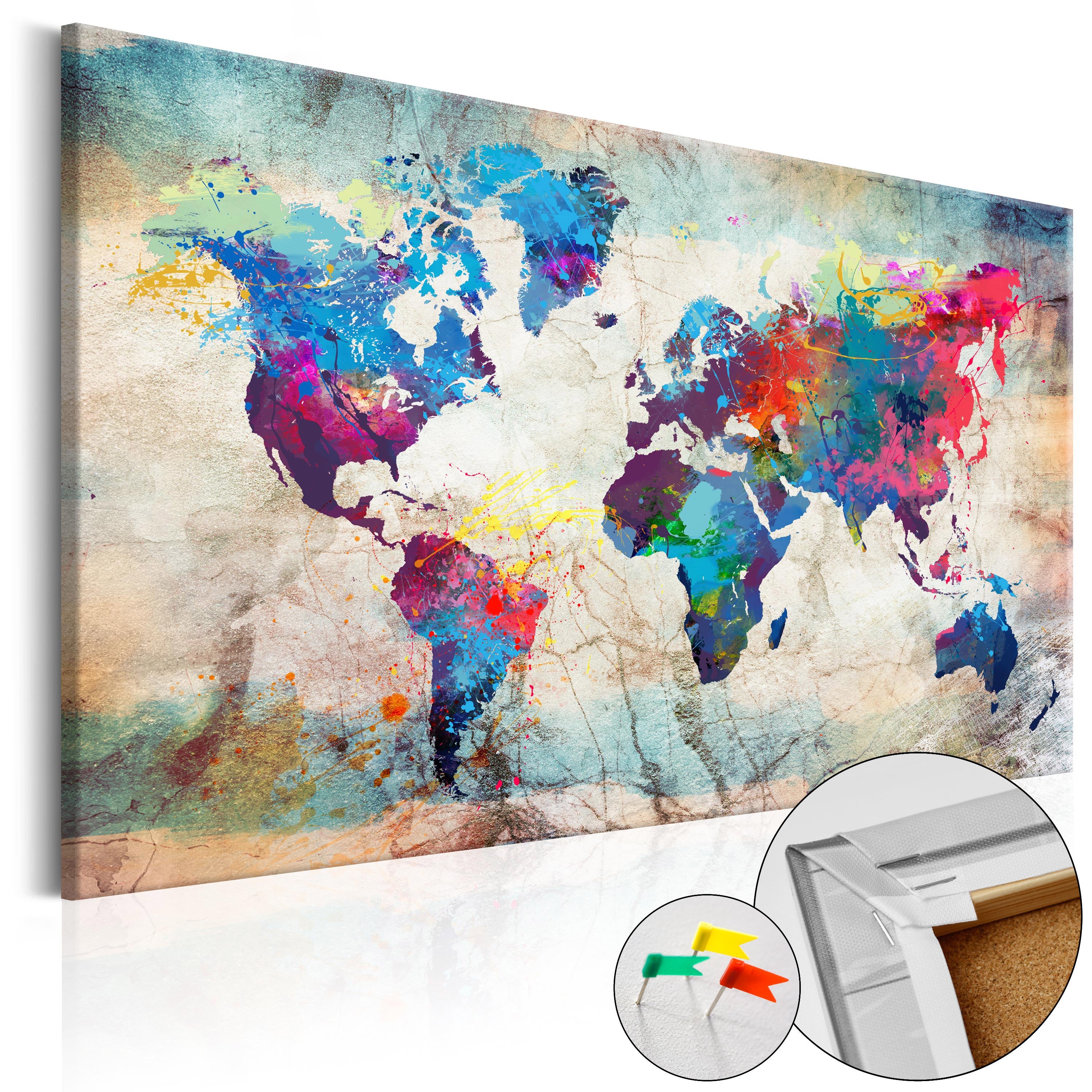 Tableau en liège toile image imprimée décoration murale cadre en bois à  suspendre en un panneau - Carte du monde : folie colorée 90x60 cm  11_0000325