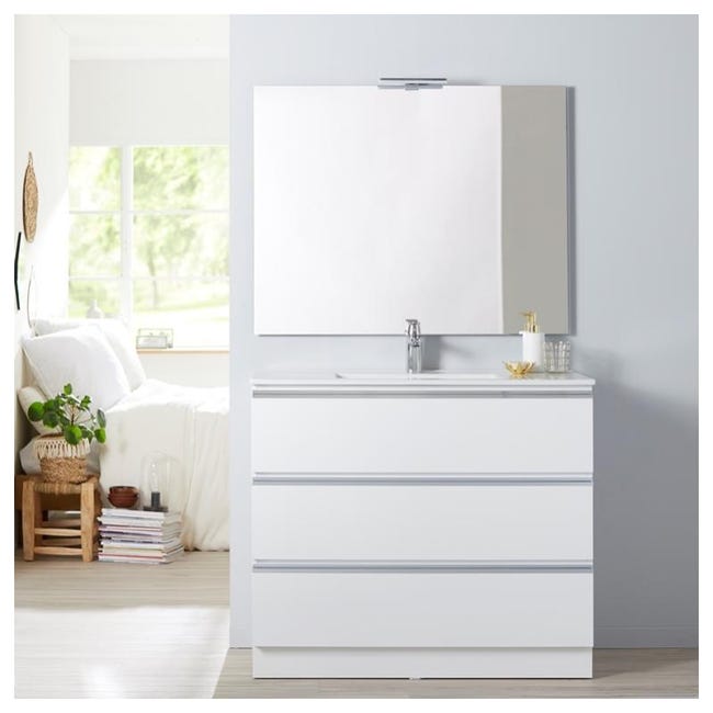 Meuble De Salle De Bain A Poser Blanc 100 Cm Miroir Eclairage Serie Dynamic 3 Tiroirs 100 Leroy Merlin