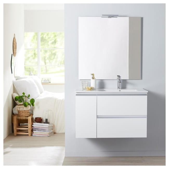 Meuble Salle De Bain 85 Cm A Suspendre Blanc Miroir Eclairage Serie Dynamic 2 Tiroirs 1 Porte Leroy Merlin