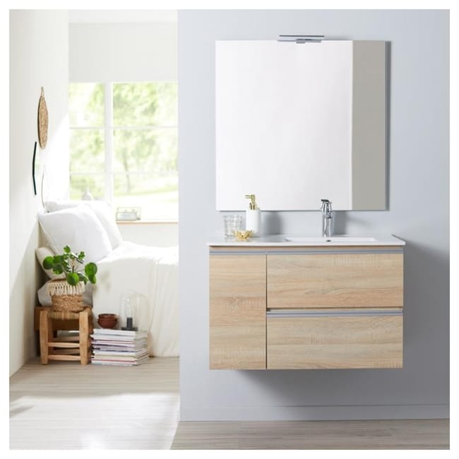 Meuble Salle De Bain 85 Cm A Suspendre Oak Bordolino Miroir Eclairage Serie Dynamic 2 Tiroirs 1 Porte Leroy Merlin