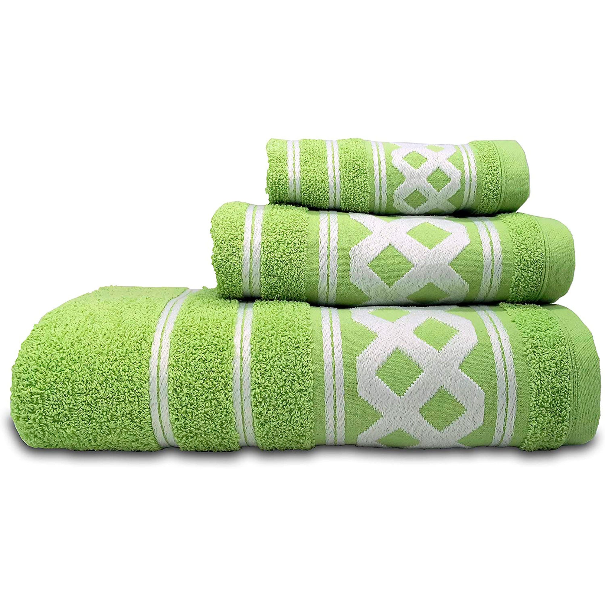Asciugamani Set da Bagno 100% Spugna di Cotone 450gr, Set 3 Pezzi, Bordo a  Rombi Briebe Verde ICA BASIC