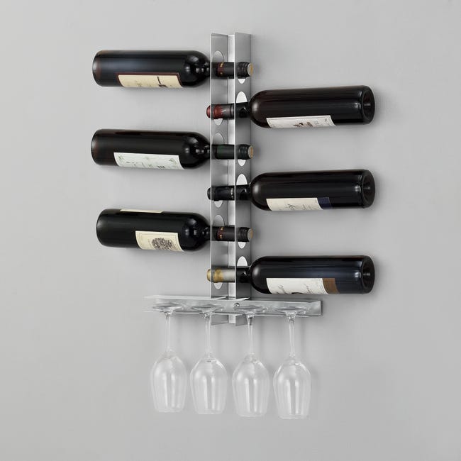 Botellero Pfalz estantería mural para 6 botellas de vino con 4 portavasos  acero 55 x 35 x 7 cm plateado [en.casa]
