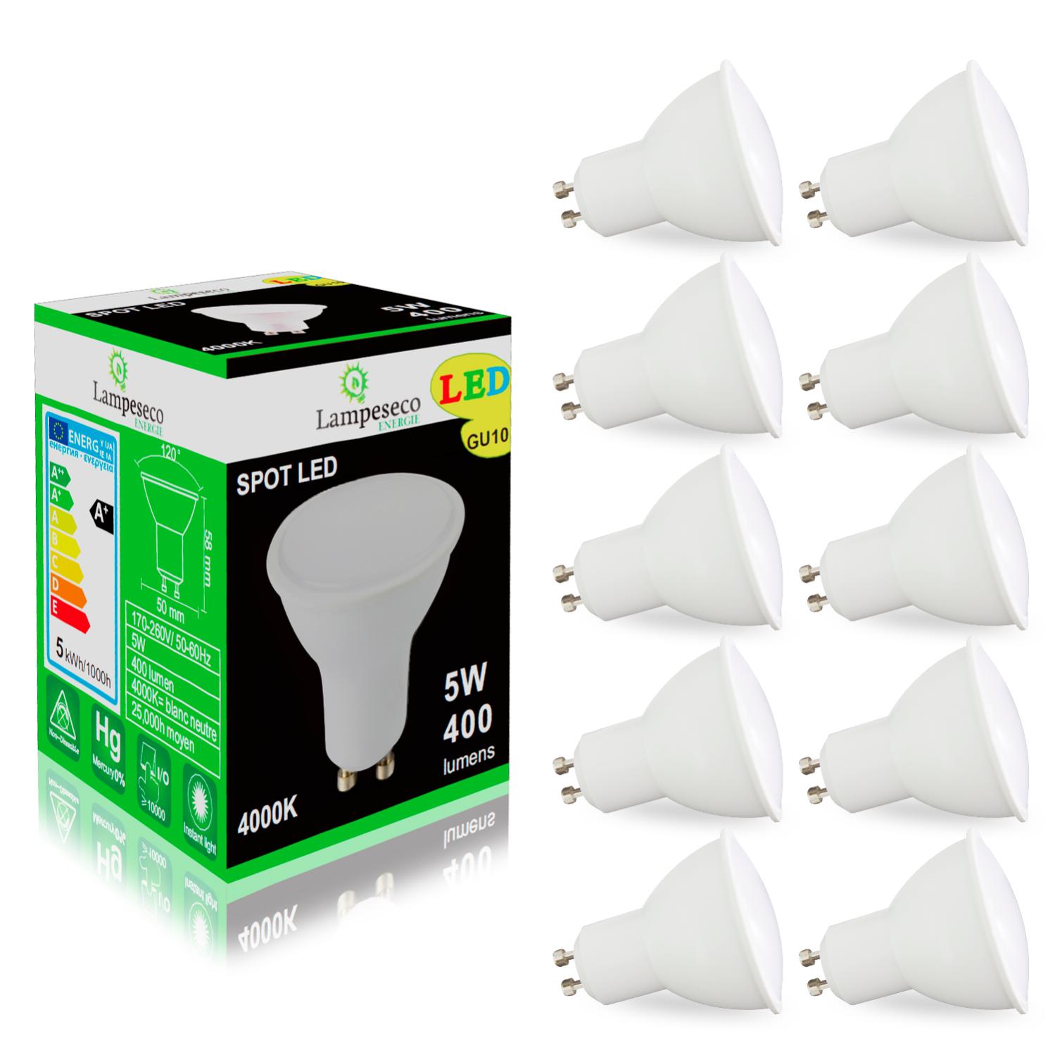 Pack de 10 Ampoules Led GU10 5W Blanc Neutre 4000K eq. 50W Halogène 120