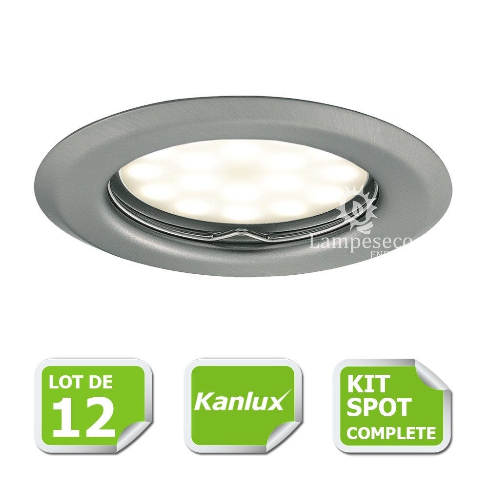 Kit complete de 12 Spots encastrable chrome mat orientable marque Kanlux  avec GU10 LED 5W 3000K blanc chaud