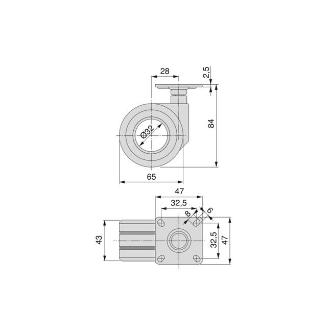 Emuca Lotto di 4 ruote Hole con piastra di montaggio, diametro 65 mm,  Acciaio, Verniciato nero e Tecnoplastica