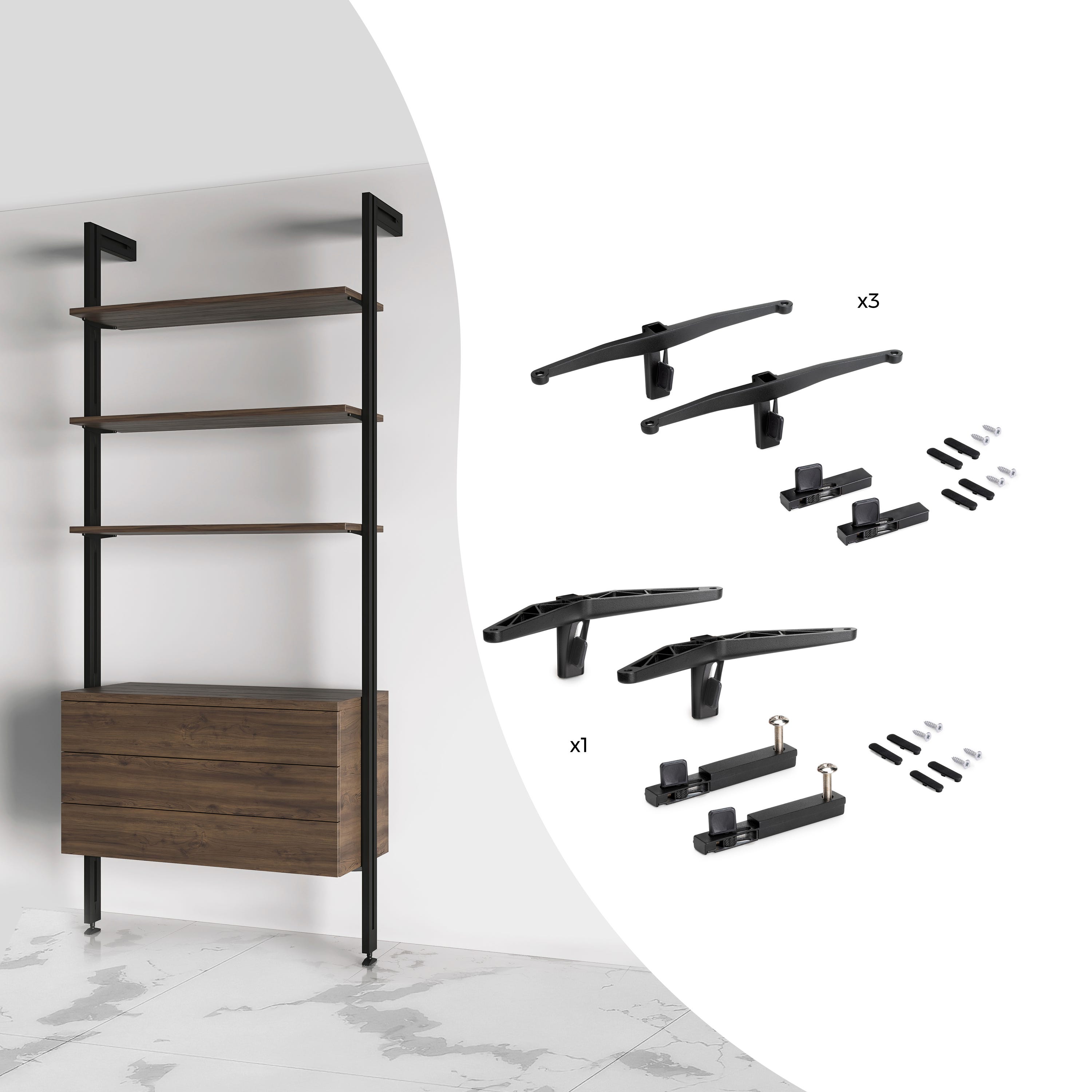 Kit Zero de soportes para estantes de madera y barra de colgar