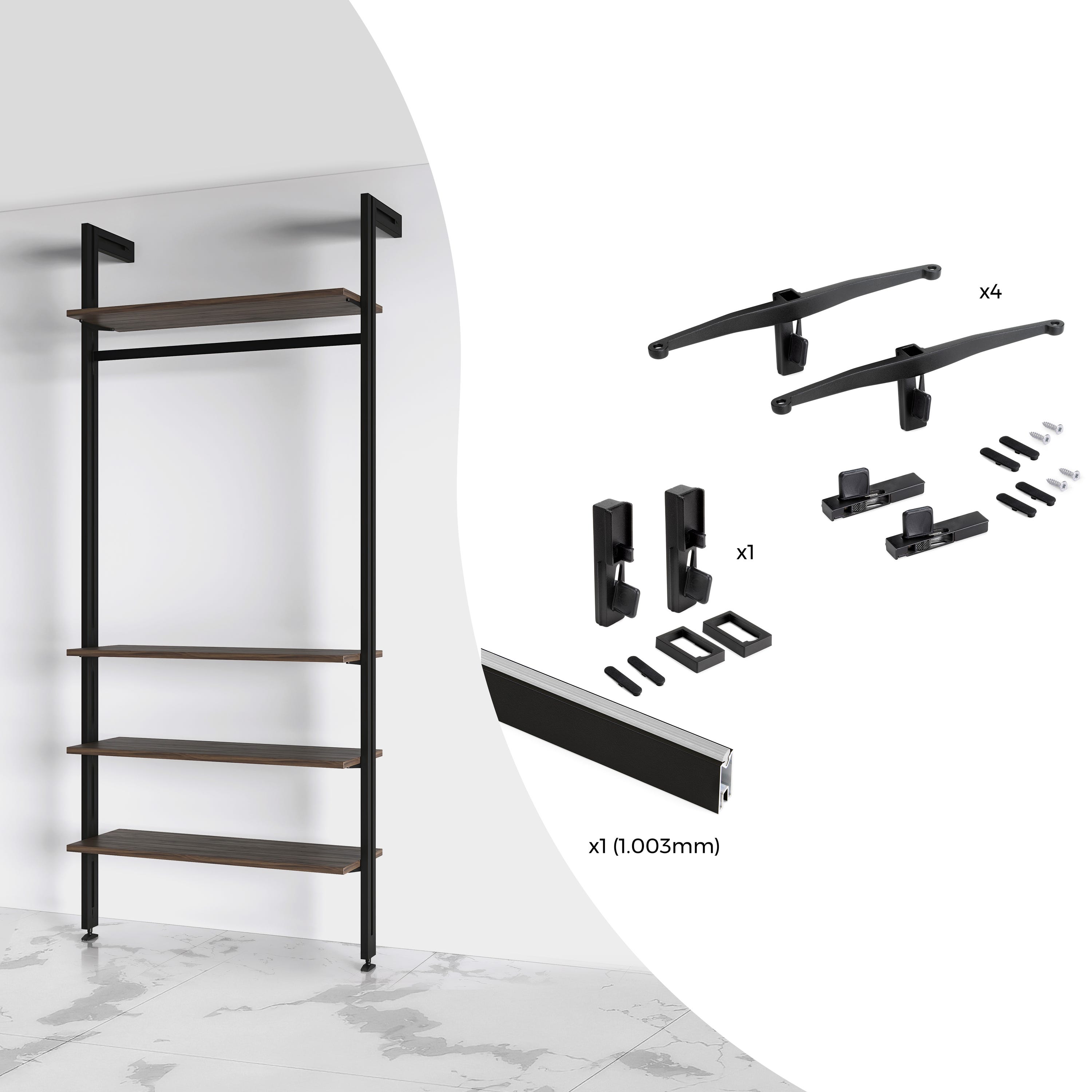 Emuca Kit de barra para armario Luxe, 1,15 m, Pintado negro texturizado,  Aluminio y Plástico, 1 kit