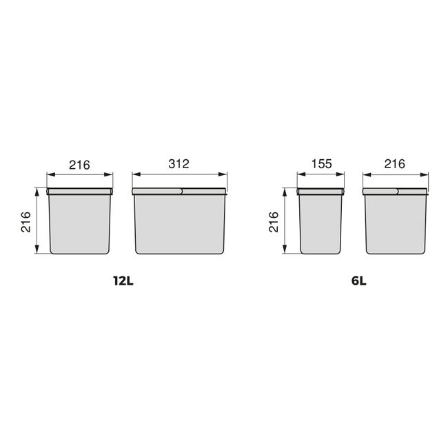 Kit di contenitori per la raccolta differenziata per cassetti da cucina  Recycle Altezza Recycle 216 mm, 1x12lt, 2x6lt, Grigio antracite  Tecnoplastica
