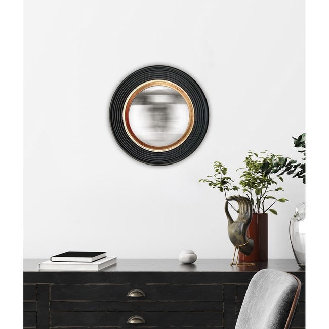 Miroir mural rond convexe en résine noir et doré D.20cm IZLI