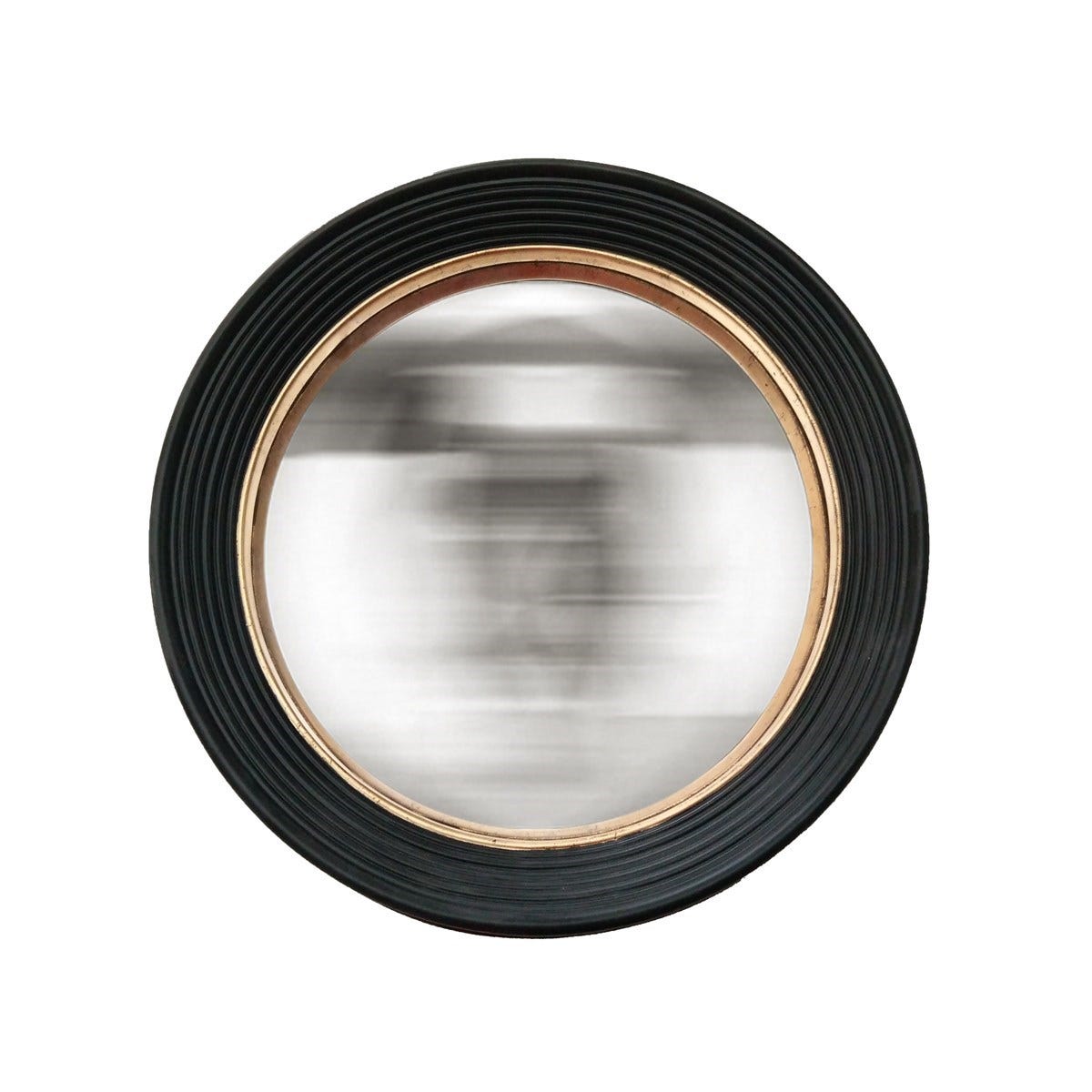 Miroir rond, cadre en résine noire patinée avec détails dorés, dos feutrine  avec fixation au mur, 18x18x3cm.