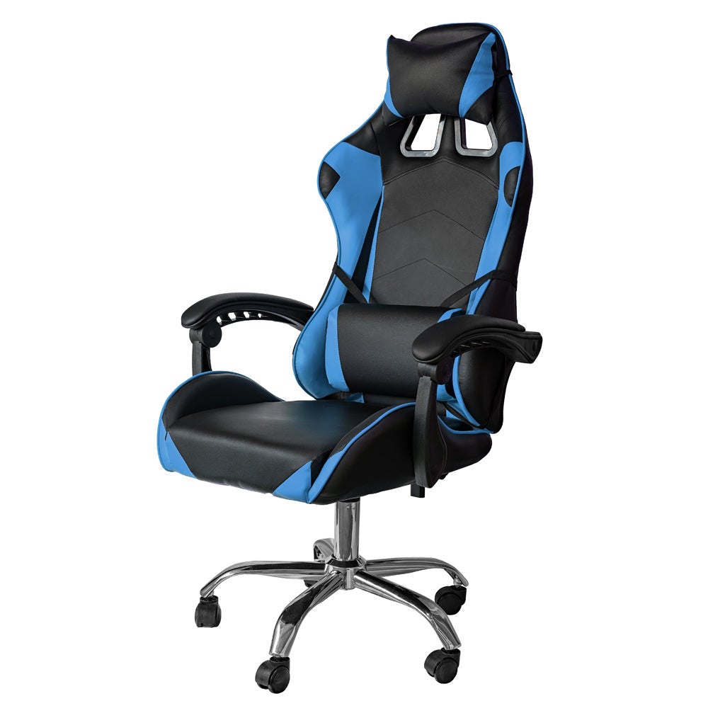 Silla gaming de oficina reclinable en ecopiel con reposapiés Azul y Negro  64x53x h123 - 133 cm