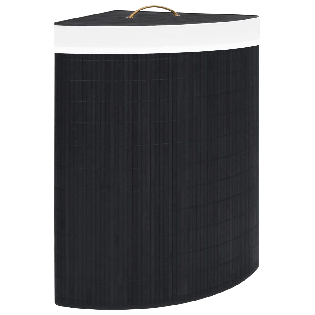 Panier à linge d'angle noir en bambou et intérieur amovible en coton