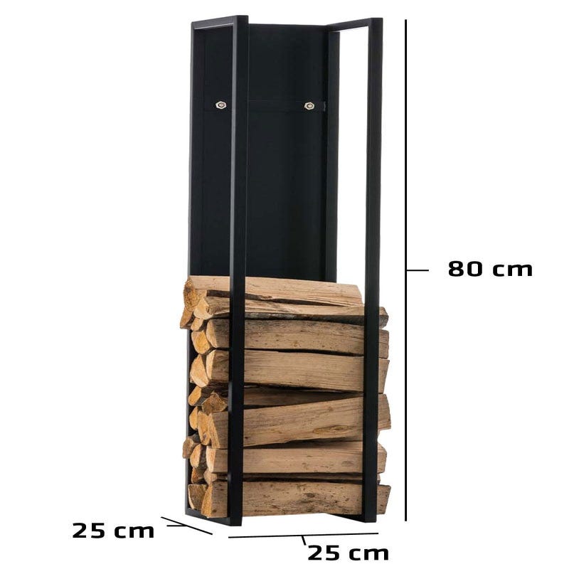 Range-bûches étagère en métal noir bois de cheminée 25x25x80 cm DEC10013