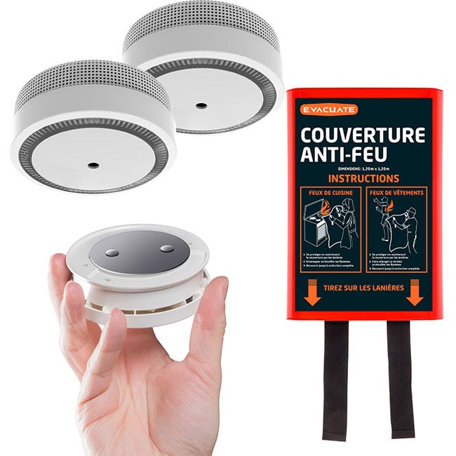 EVACUATE- Pack 2 détecteurs de fumée + 2 supports aimantés + 1 couverture  anti-feu
