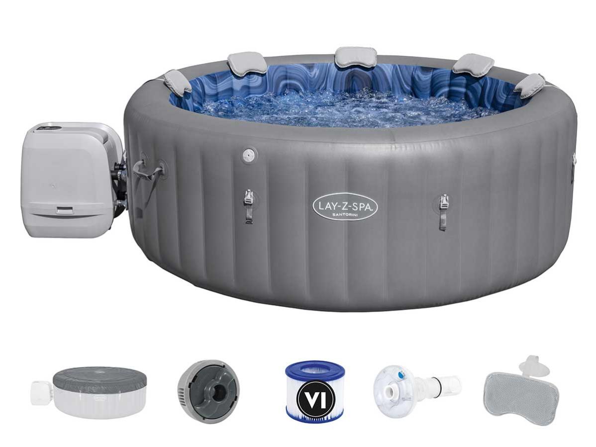 Spa Gonflable Bestway - Lay-Z-Spa Santorini - 5 A 7 Places -Rond (Livré Avec 5 Appuie-Tete Rembourrés + 2 Led A Eau Colorjet)