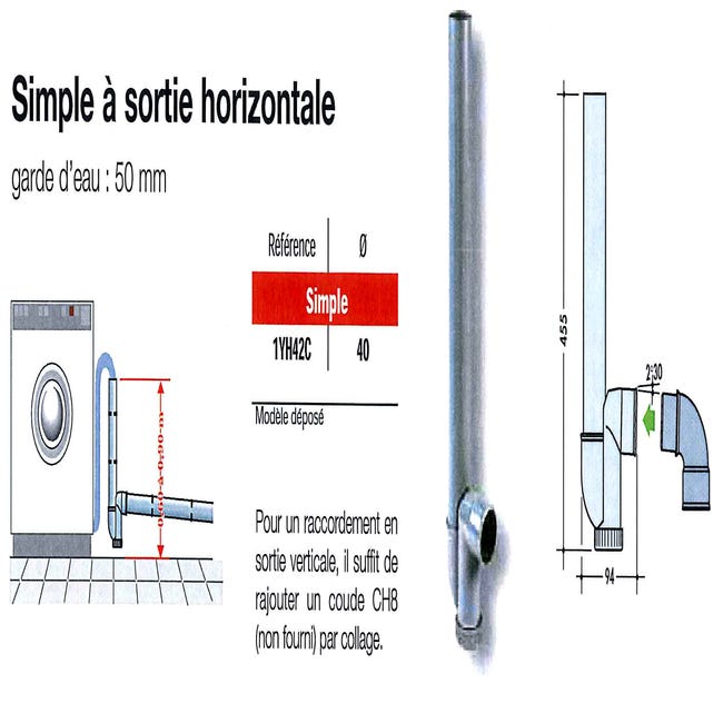 Siphon machine à laver simple avec bouchon sortie verticale Ø40