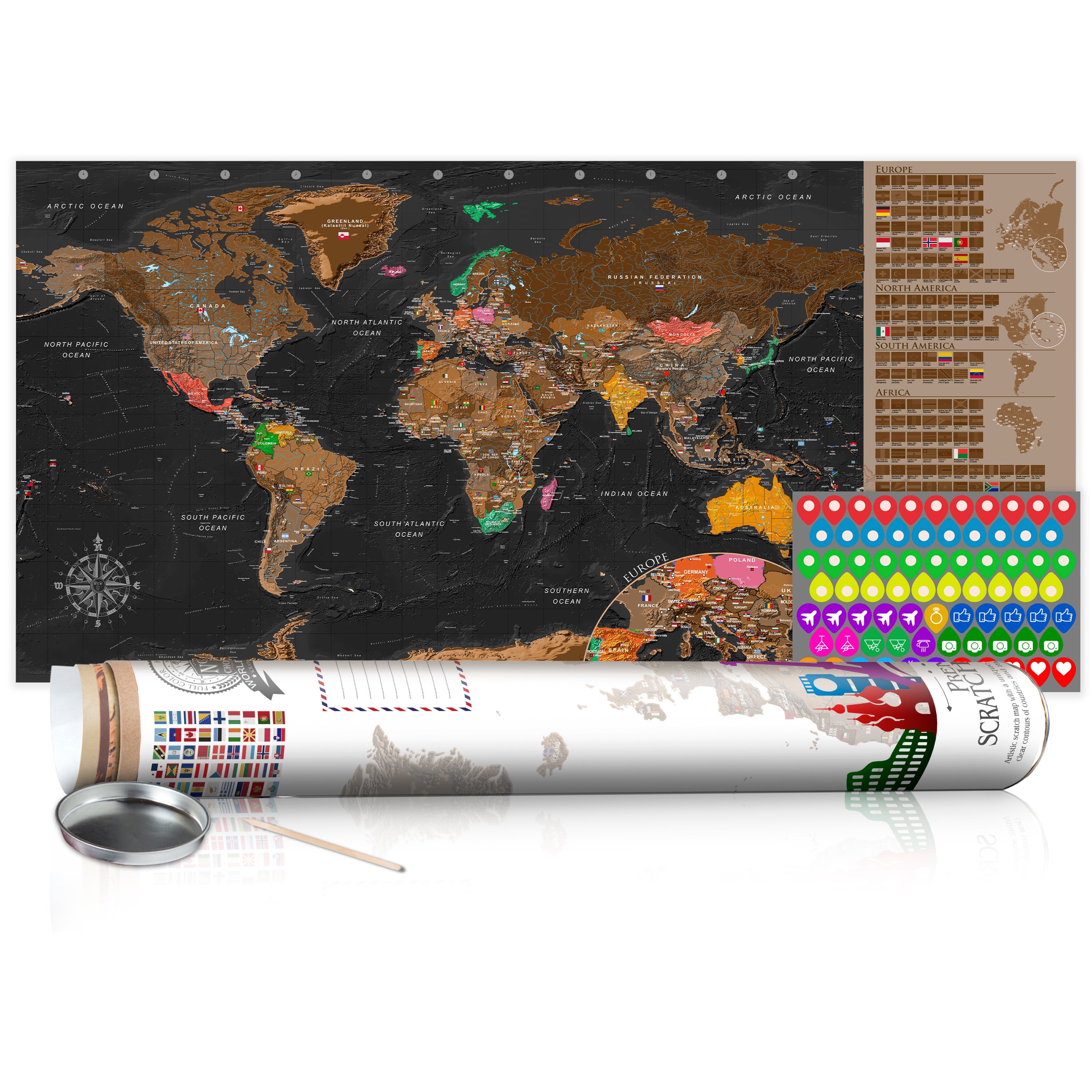Carte du monde à gratter marron avec tube de transport motif villes 100x50  cm CAG110008