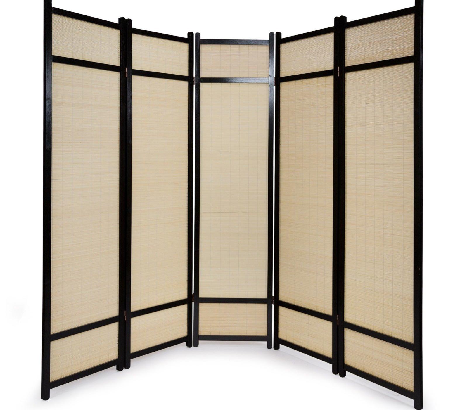 Paravent 5 Panneaux Pliable En Bois Noir Et Bambou 220 X175 Cm Par06063