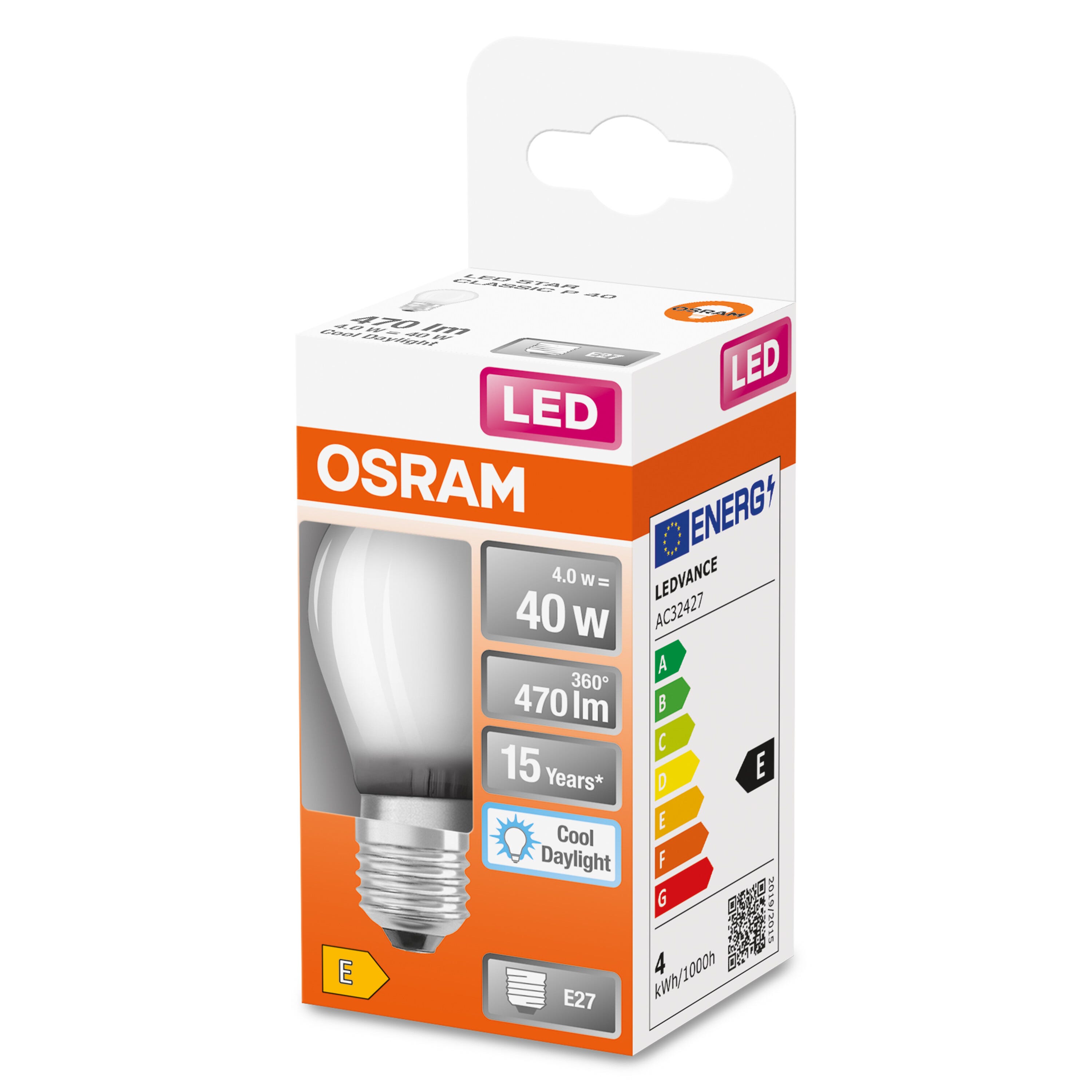 OSRAM Ampoule LED - E27 - Cool Daylight - 6500 K - 4,50 W - remplacement  pour 40-W-Incandescent bulb - LED Retrofit CLASSIC P