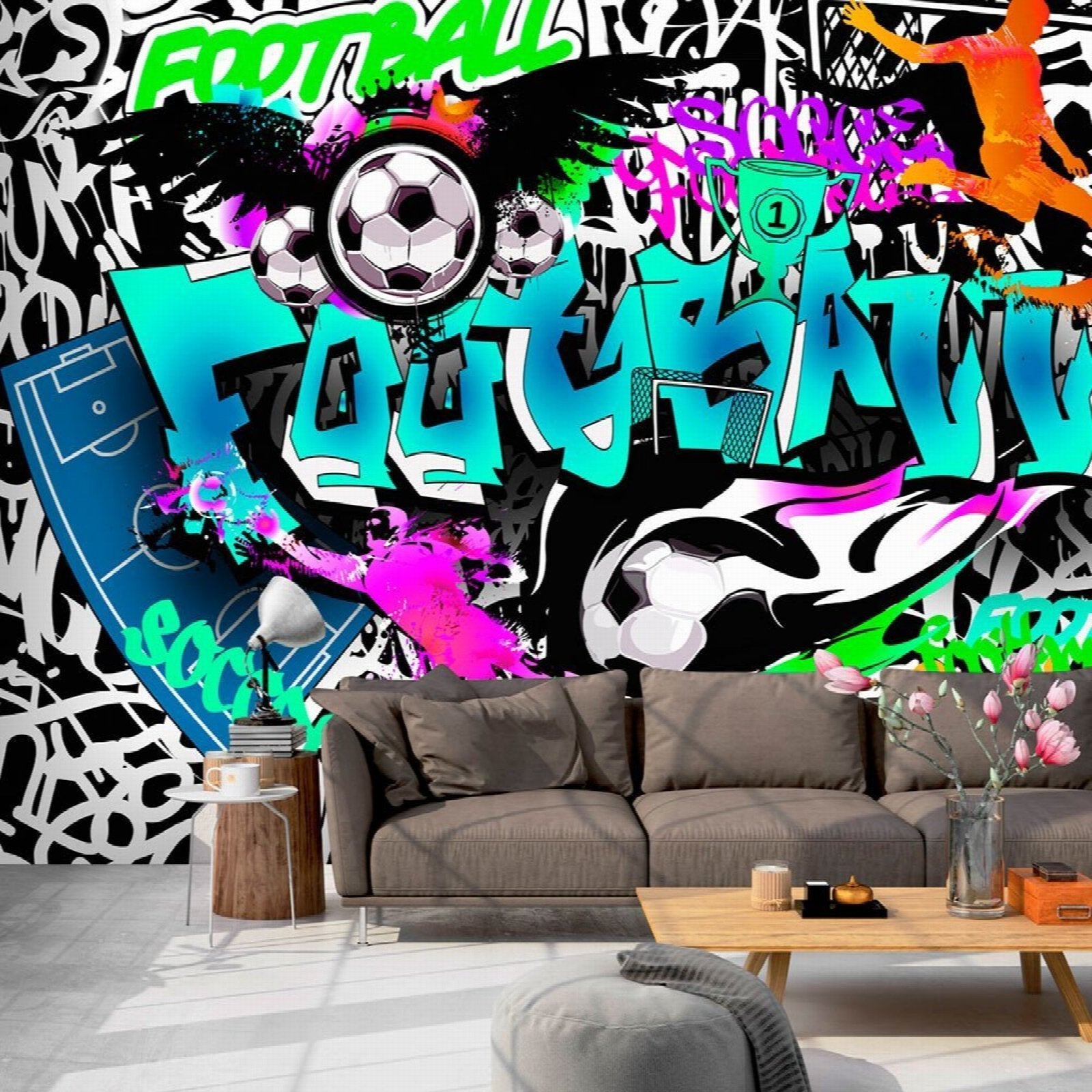 Papier Peint Enfant Intissé Panoramique Football Grafitti 368x254 cm -  Colle Inclus - Chambre Enfant - Moderne Trompe l'oeil