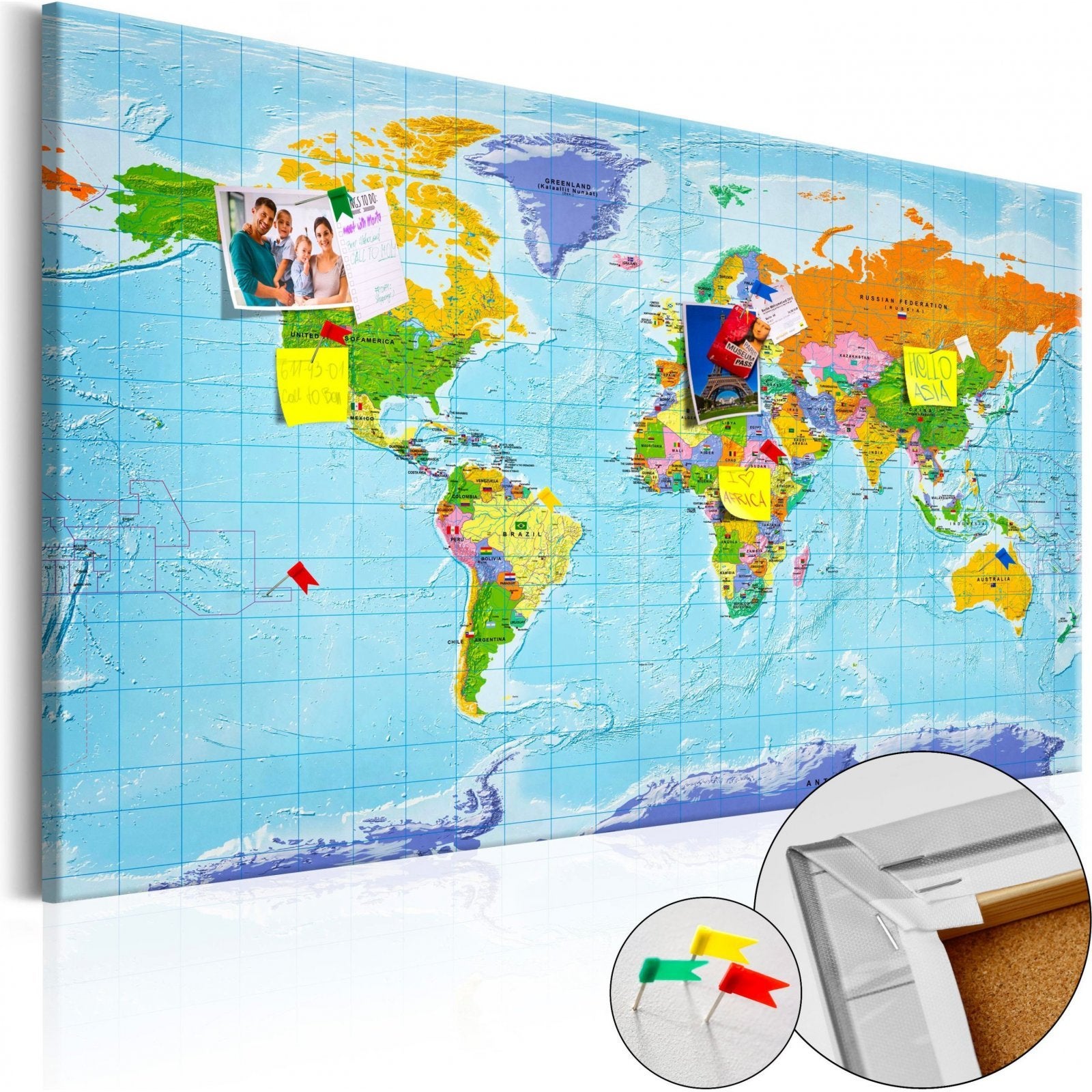 Tableau en liège carte du monde : drapeaux de pays - 90 x 60 cm