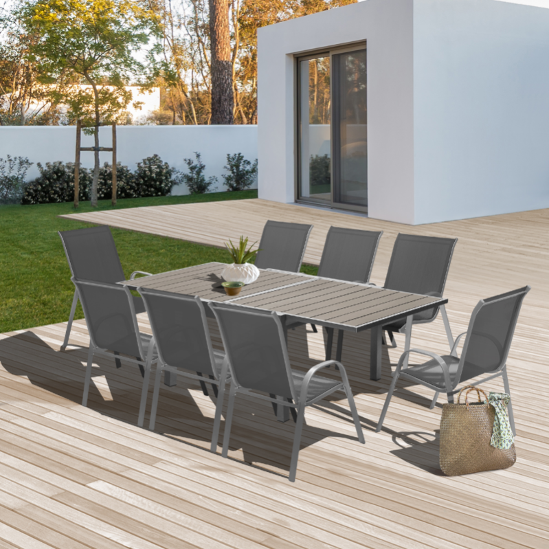 Salon De Jardin Extensible Poly Gris Foncé Table 90180 Cm Et 8 Chaises