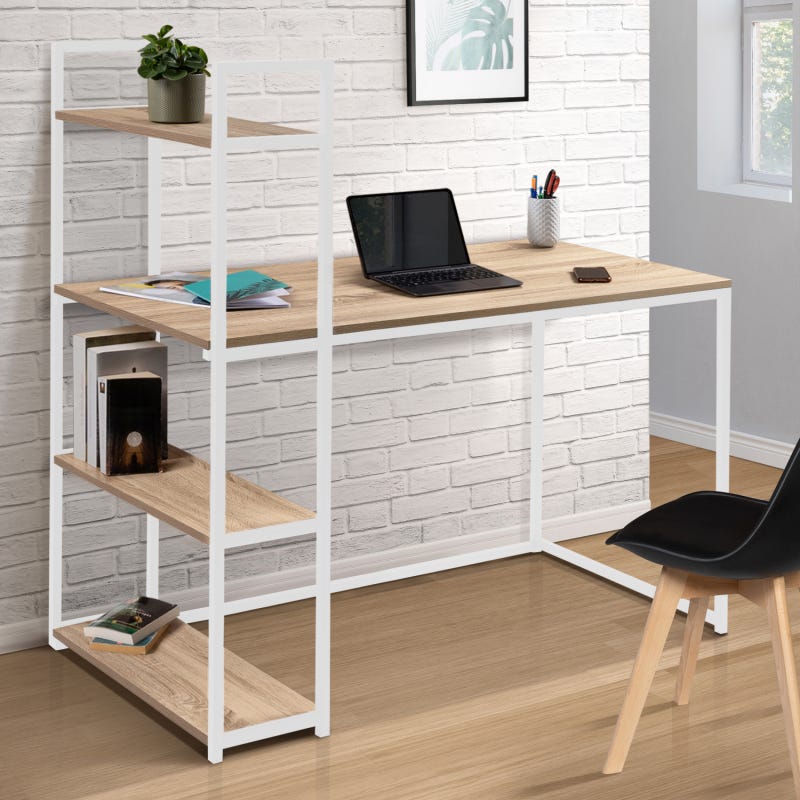 Bureau étagère pas cher blanc et bois pour bureau