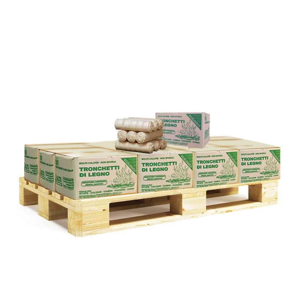 12 scatole Tronchetti da ardere in legno pressato di faggio-abete - su  pedana - 108 pezzi di tronchetti