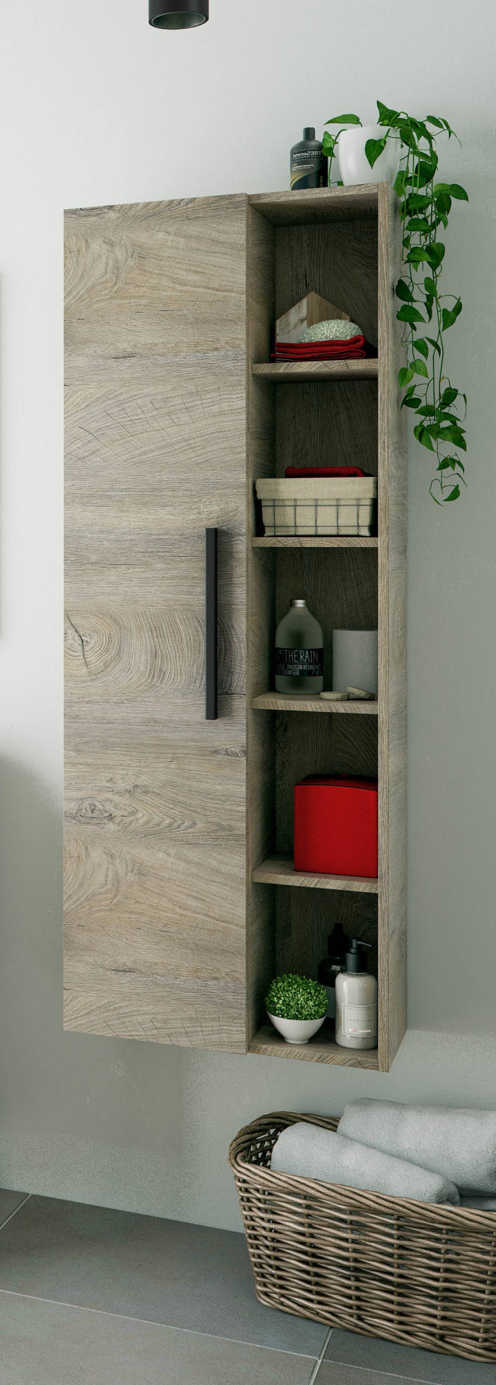 Colore Rovere cm 51 x 135 x 25 Dmora Colonna pensile sospesa per Bagno a un'anta e Cinque Ripiani a Vista 