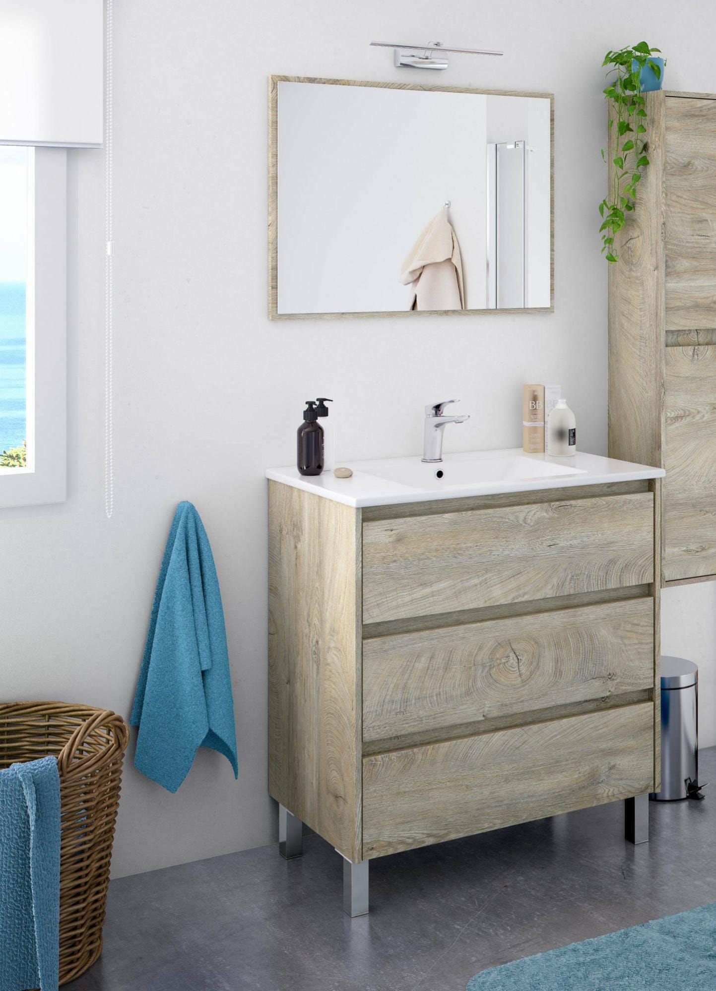ESituro Meuble Sous Lavabo 60 Cm – Meuble Salle De Bain Blanc 2 Tiroirs, Bois E1 Hydrofuge, Découpe Siphon, Design Moderne Gain De Place