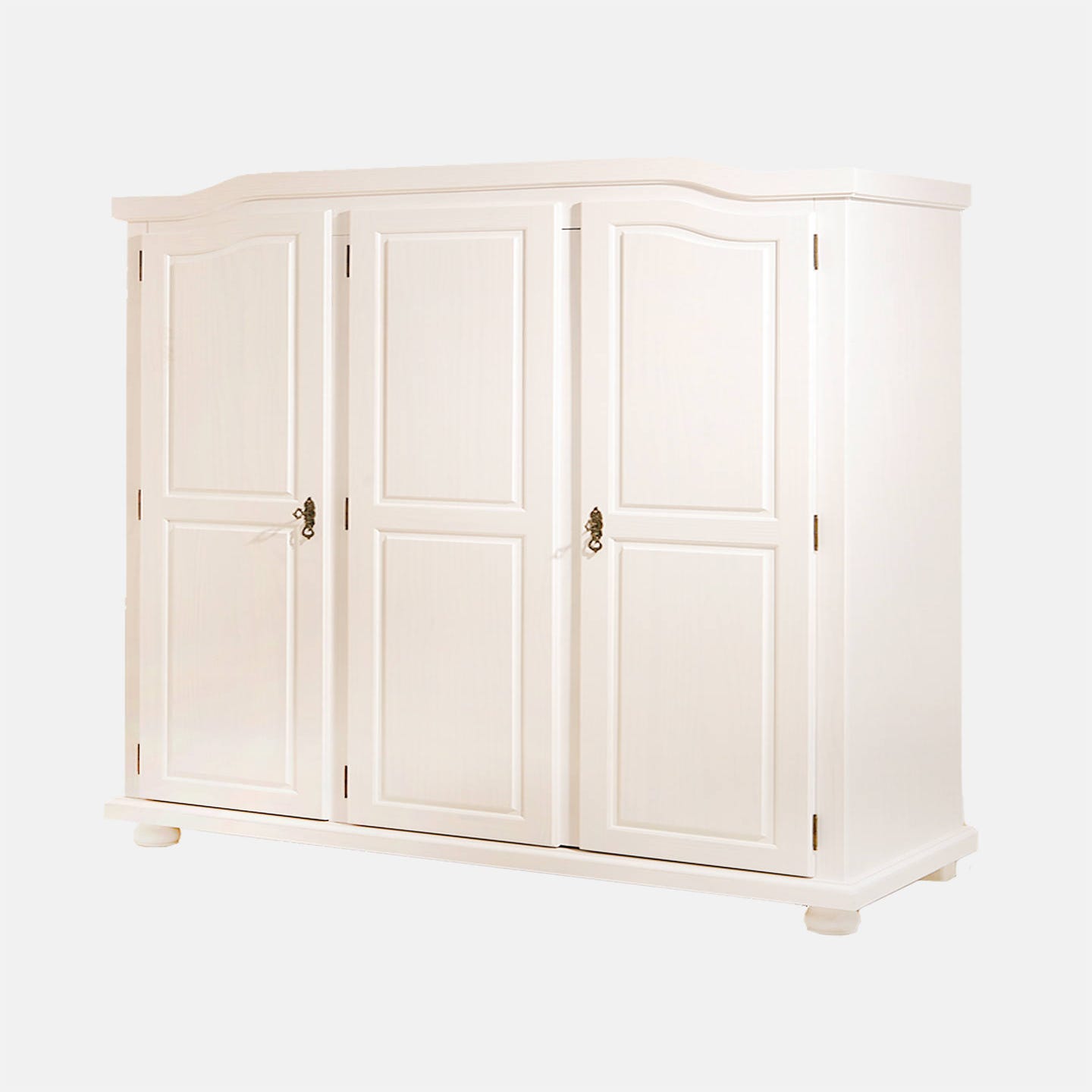 Armoire à trois portes battantes avec étagères internes en pin massif,  coloris blanc, 150 x 180 x 56 cm.