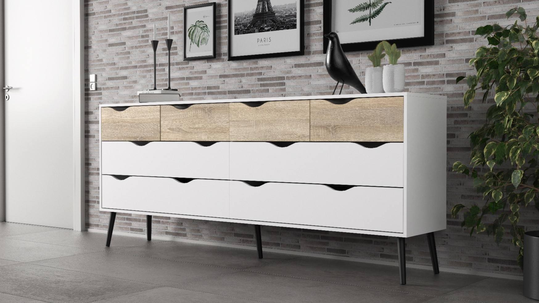 Cajonera doble con 8 cajones, color blanco y roble, 195 x 81 x 39 cm